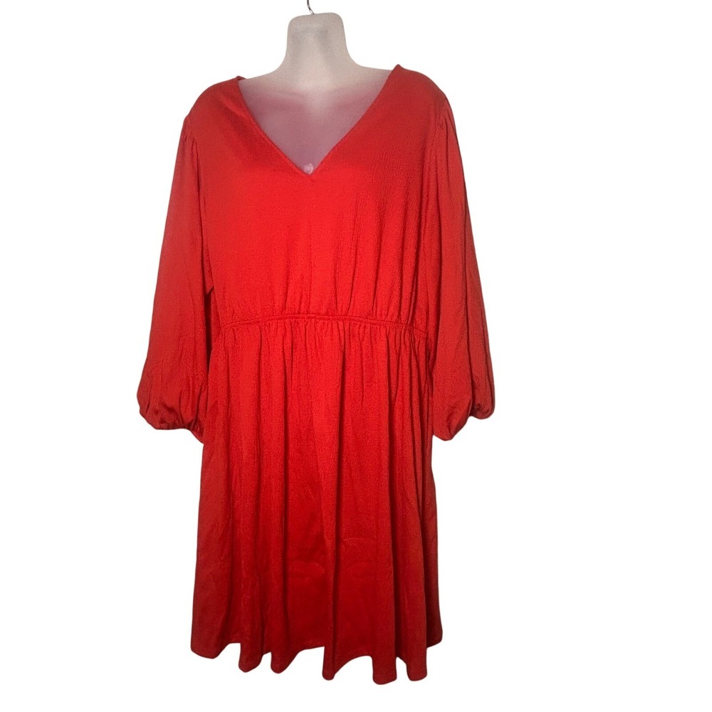 Ava & Viv Womens Plus Size Red V-Neck Puff Sleeve Elastic Waist Crepe Dress